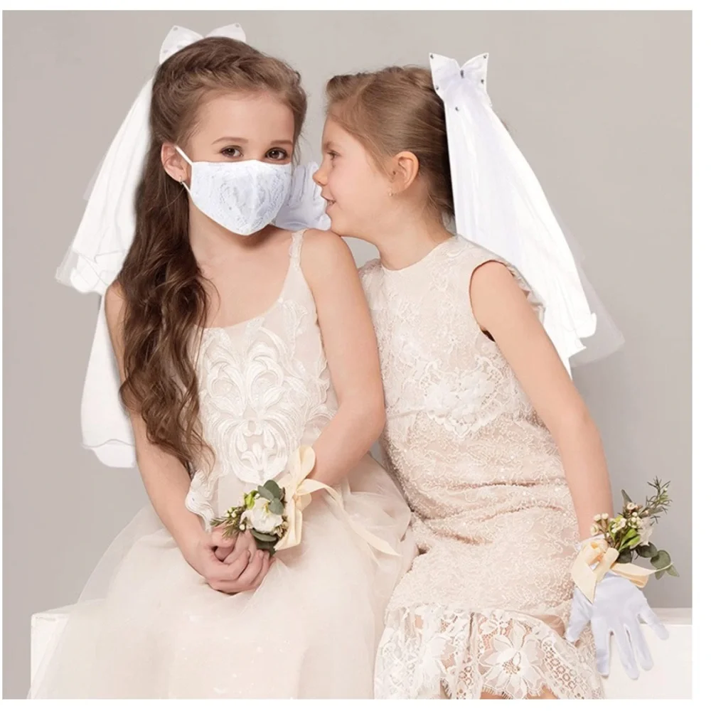 3 Pieces - Headpiece Set, VeilWhite Satin Gloves with Pearl and Face-mask.